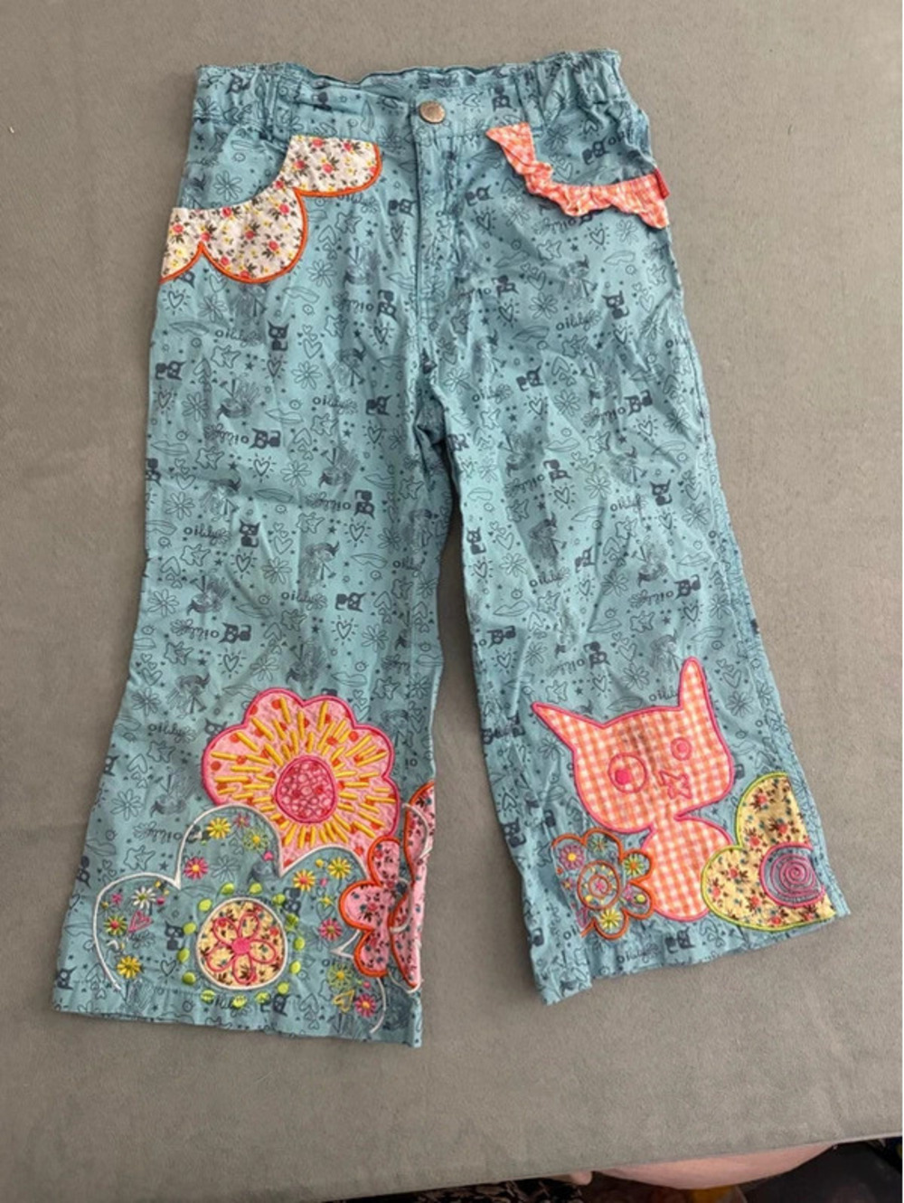 Vintage Oilily Blue Kitty Cotton Applique Cotton Pants